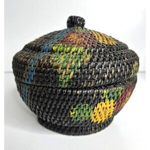 Vintage Sally Patchin Painted Wicker Round Basket Folk Art Americana With Lid